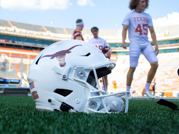 Sep 18, 2021; Austin, Texas, USA; Texas Longhorns helmet seen before the game against the Rice Owls at Darrell K Royal-Texas Memorial Stadium. Mandatory Credit: John Gutierrez-USA TODAY Sports